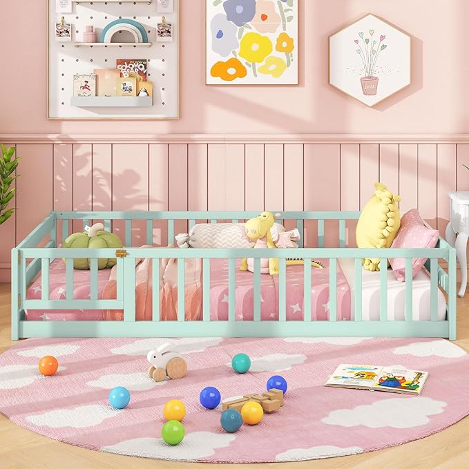 Giantex Twin Floor Bed with Door & Fence, Kids Wood Montessori Beds with Safety Guardrails, Floor Bed Twin for Kids, Boys, Girls, No Box Spring Needed, Mint Sky