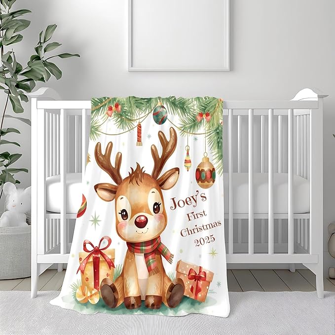Personalized Baby's First Christmas Blanket, Custom Reindeer Baby Name Christmas Blanket, Soft Fleece Or Sherpa Throw, Baby Shower, Made in USA