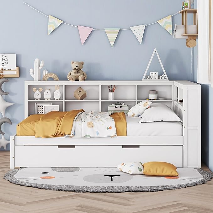 Harper & Bright Designs Full Size Daybed with Trundle and Charging Station, Wooden Full Storage Bed Frame with L-Shaped Bookcases, Full Platform Bed with Shelves for Kids Girls Boys, White
