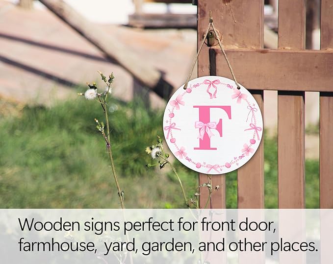 Monogram Round Sign For Front Door, Cherry Bow Theme Sign For Porch Art Wall Door, Initial Signs Hanging Ornament For Indoor Outdoor, Decorations Gifts For Four Seasons Rustic Home Kitchen, F, A06
