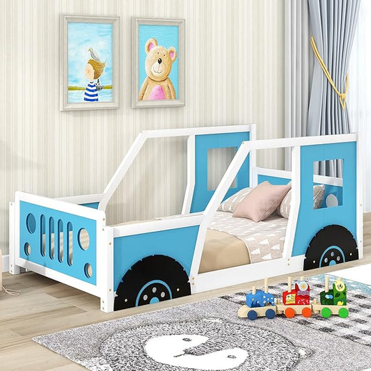 Bellemave Twin Car Bed Frame, Classic Car-Shaped Toddlers Bed with Wheels, Wooden Montessori Floor Bed for Kids (Blue & Black)