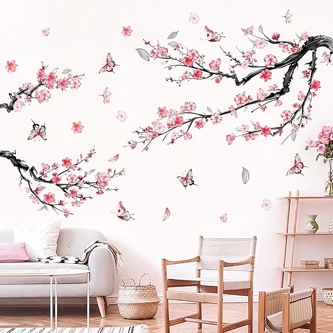 Cherry Blossom Wall Decals, Watercolor Pink Flower Tree Peel and Stick Wall Stickers for Living Room, Bedroom, Sofa, TV Background Home Decor, Nursery, Kids Room Wall Art (Large)