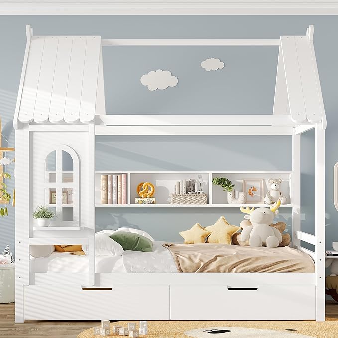 MERITLINE Full Size House Bed with Storage Drawers & Window, Solid Wood Platform Bed Frame with Shelves, No Spring Box Needed, Childlike Design for Kids, Girls, Boys, Light White