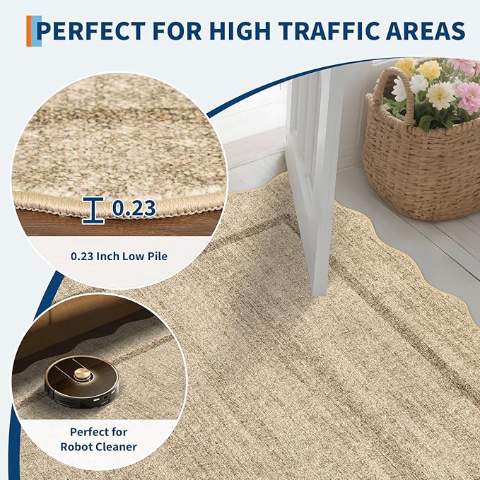 GarveeHome Scalloped Washable Rug 5x7 Area Rugs for Living Room Modern Non Slip Throw Rugs Bedroom Rugs Low Pile Soft Non Shedding Stain Resistant Carpet for Dining Room Nursery 5 ft x7 ft Jute
