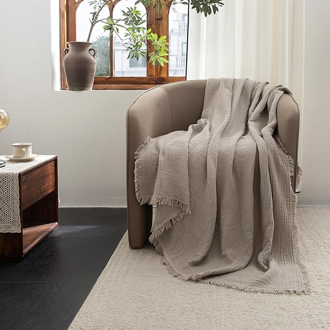 FOSSA Muslin Blanket with Fringe - 4-Layer 100% Cotton Gauze Super Soft & Breathable Throw -Lightweight Decorative Cooling Blanket for Bed, Sofa, Office -Oversize Queen Size 98" × 98" (Beige Gray)