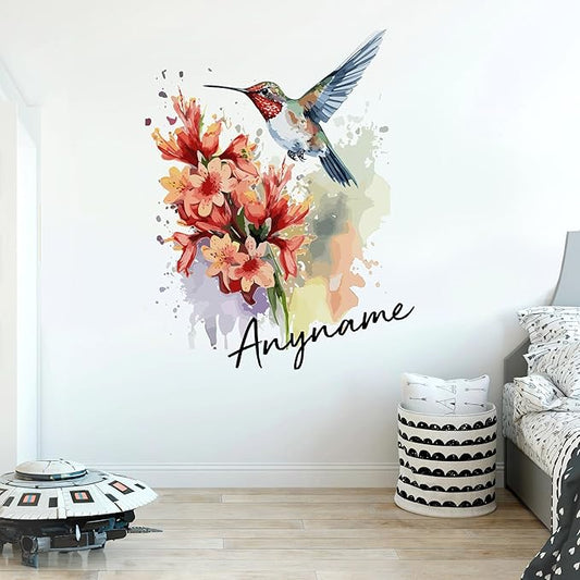 Custom Floral Hummingbird Wall Decal Personalized Flower Bird Name Transparent DTF Vinyl Removable Nursery Wall Decal for Kids Room, Teen Bedroom, Car, Cute Home Decor Gift