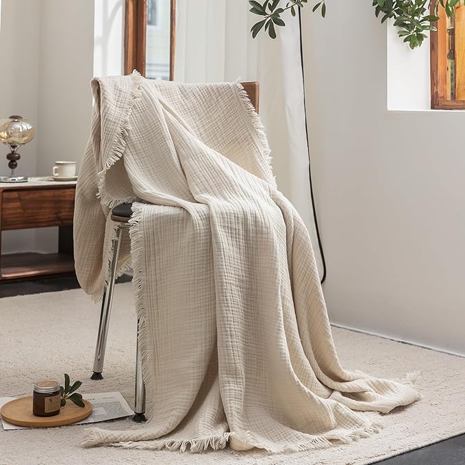 FOSSA Muslin Blanket with Fringe - 4-Layer 100% Cotton Gauze Super Soft & Breathable Throw -Lightweight Decorative Cooling Blanket for Bed, Sofa, Office -Throw XL Size 50" × 70" (Beige)