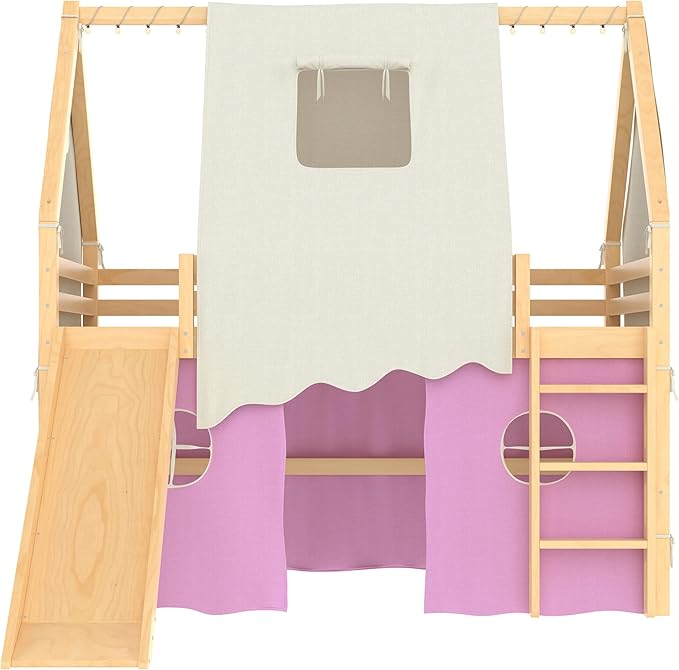 Playhouse Design Full Size Loft Bed with Slide & Tent, Solid Wood Tent Bed Frame for Kids Boys Girls, Versatile Spacious Under Bed Space, Chic Design with Lights (Natural+Pink-Full)