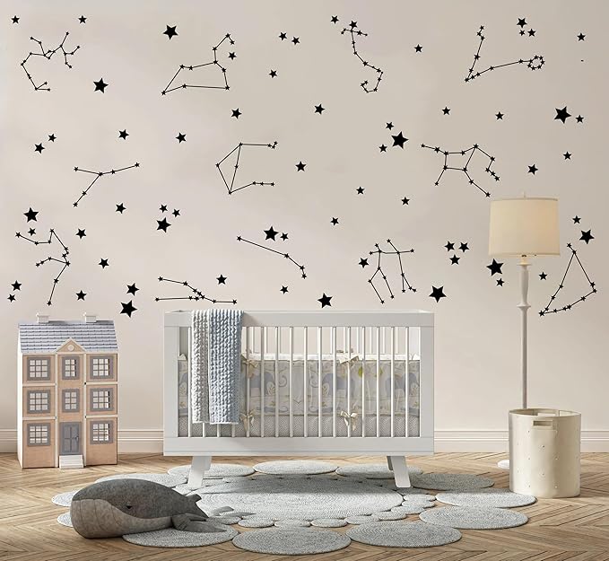 Constellation Wall Decals - Stars Wall Stickers for Nursery, Boys Bedroom, Kids Room - Vinyl Wall Decor Y85 (Black)