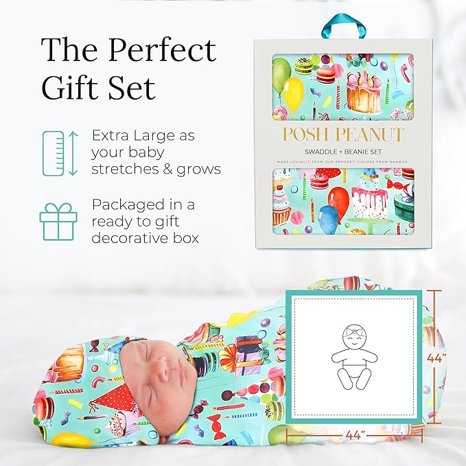 Posh Peanut Baby Swaddle Blanket & Beanie - Matching Newborn Swaddle Set, Doubles As Receiving Blanket or Nursing Cover (Happy Birthday)