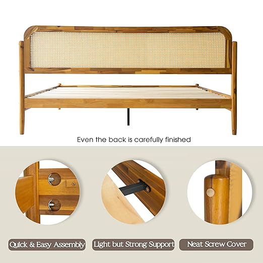 King Size Bed Frame Solid Wood Platform Bed with Headboard & Footboard, 12 Sturdy Slatted Base, Metal Legs, No Box Spring Needed, Noise-Free & Slip-Free, Easy Assembly, Acacia Honey Finish, JMK-38