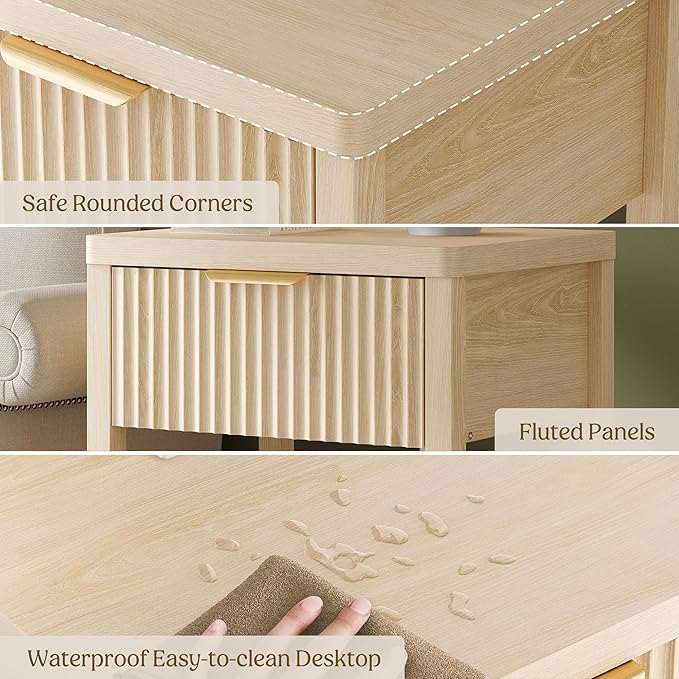 Lulive Night Stand Set 2, Fluted Nightstand with Charging Station, Wood Modern Bedside End Table with Storage Drawer for Bedroom, Save Space (Set of 2, Natural Oak)