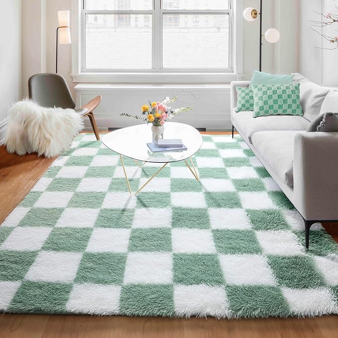 KICMOR Fluffy Sage Green and White Rugs Living Room Carpet, 5x7 Large Fuzzy Checkered Shag Area Rug for Bedroom Aesthetic, Furry Soft Plush Shaggy Rug for Nursery Kids Girls Boys Room Home Decor