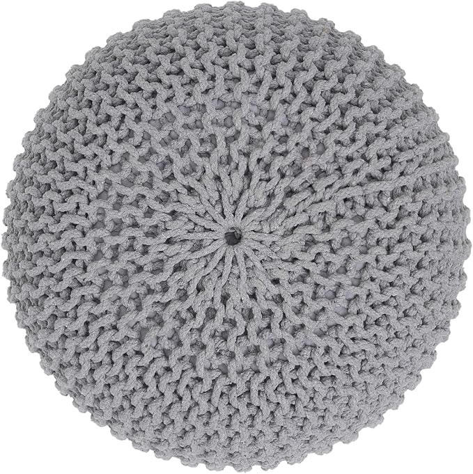 REDEARTH · Round Boho Pouf Ottoman - Cable Knitted Cord Boho Pouffe - Stuffed Poof Accent Beanbag Footrest for Living Room - Nursery - Bedroom - Covered Patio - Study Nook (19.5"x19.5"x14") - Gray