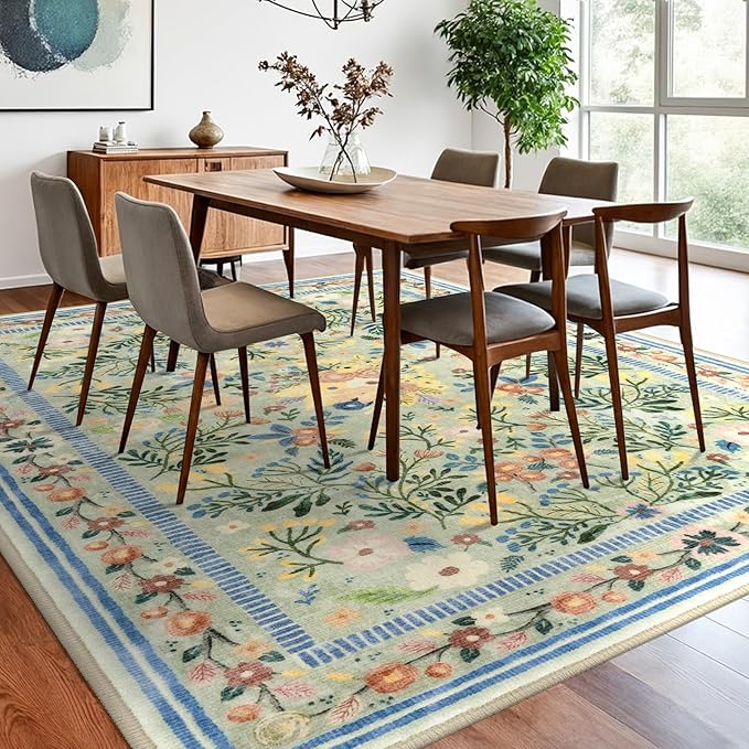Area Rugs for Living Room 8x10, Washable Boho Green Thin Floral Living Room Rug Non-Slip, Vintage Bedroom Indoor Carpet for Dining Room Kitchen Playroom Office, Green/Multi
