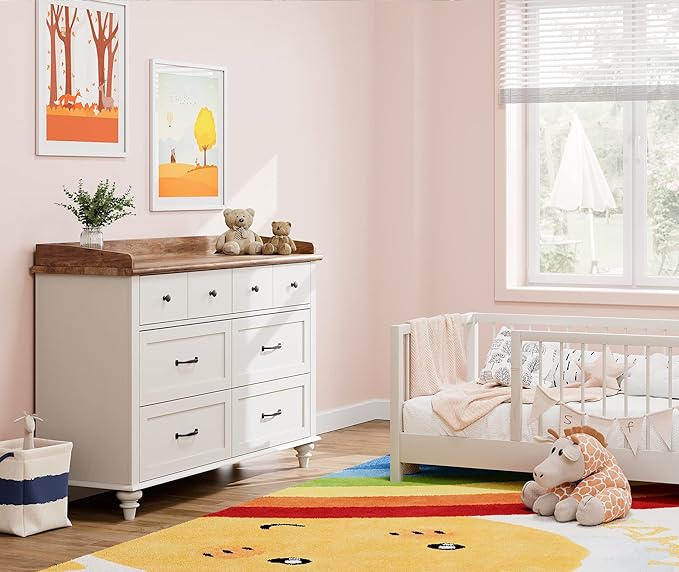 WAMPAT Dresser for Kids Bedroom with 6 Drawers, Mid Century Baby Dresser Wide Chest of Drawers with Storage Cabinet Organizer for Nursery, Living Room, Off White
