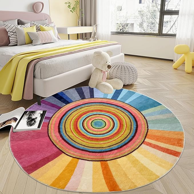 Kids Rug 5Ft Round Colorful Girls Bedroom Carpet Circle Sun Rug Rainbow Nursery Mat Modern Abstract Playroom Bedside Area Rug for Children Indoor Home Decor