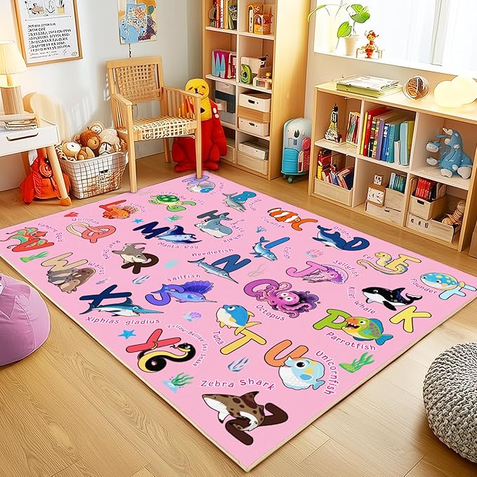 Kids Rug for Playroom, 8x10 Ft Educational Rug for Learn The ABC Alphabet, Soft Machine Washable Non-Slip Cute Marine Organisms Carpet for Classroom Toddler Nursery Kids Room Decor Mat, Pink