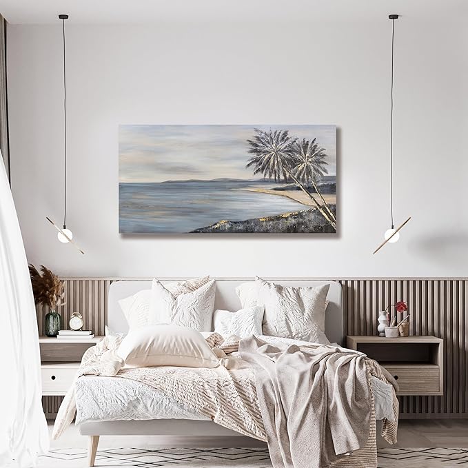 Yuaxker Ocean Wall Art Black and Gold Blue Art Canvas Painting Modern Ocean and Coconut Tree Wall Decor Artwork for Living Room Bedroom Dining Room Office Home Decor 30x60 inch