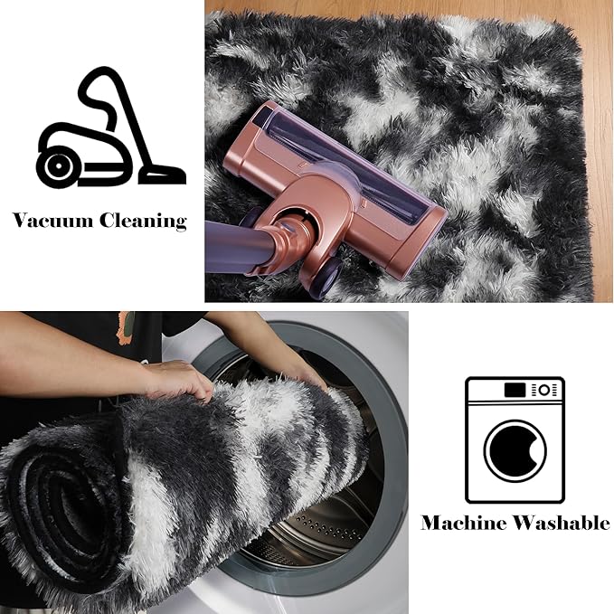 ONASAR Black and White Rugs for Bedroom Living Room, Washable Fluffy 4x6 Indoor Bedside Floor Throw Area Rug, Soft Plush Shaggy Carpet for Nursery Kids Girls Boys Teen Dorm Home Decor Aesthetic