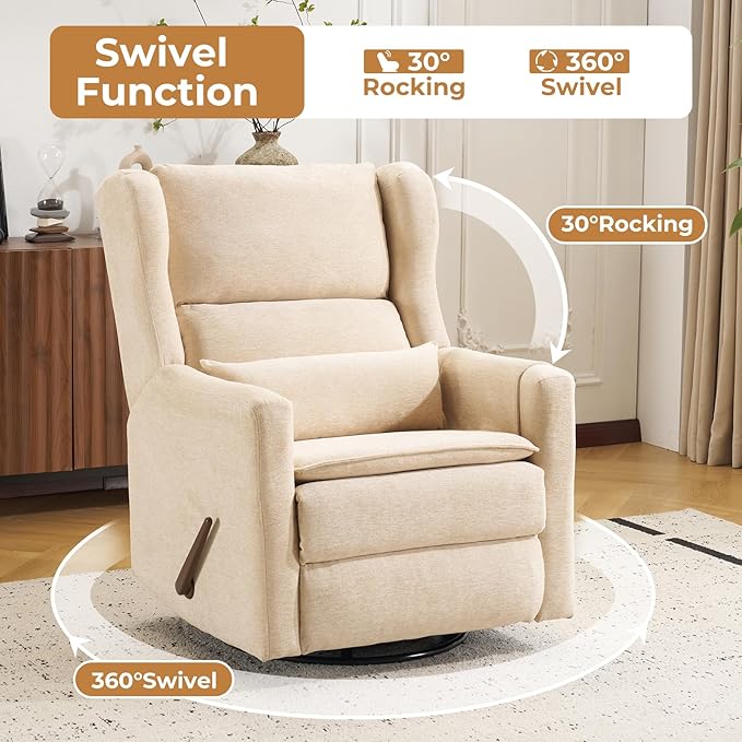 Swivel Rocker Recliner Chair,Comfy Glider Rocker Recliner with Adjustable Headrest,Rocking Chair Nursery for Living Room & Bedroom,Chenille,Beige