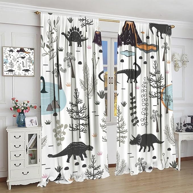 Funny Dinosaur Curtains Cute Dino Cartoon Animals Abstract Aesthetics Art Print for Kids Girls Boys Bedroom Living Room Rod Pocket Decoration Window Drapes 2 Panels W31.5xL72in