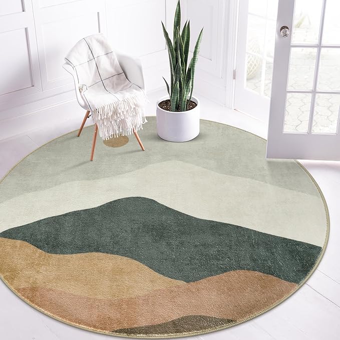 5ft Abstract Round Rug,Chic Washable Non-Slip Sun and Mountain Area Circle Rug,Soft Low-Pile Circle Throw Rugs for Living Room Sofa Kids Room Decor(Grey)