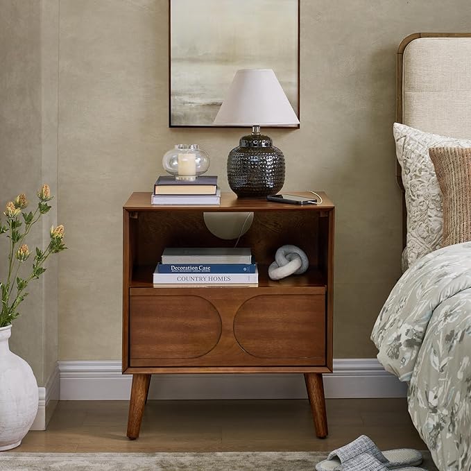 Mid Century Modern Fluted Nightstand, Night Stand with Charging Station USB Ports & Outlet Hole & 4 Solid Wood Legs, Farmhouse End Table with Open Space and Drawer Dresse (Walnut)