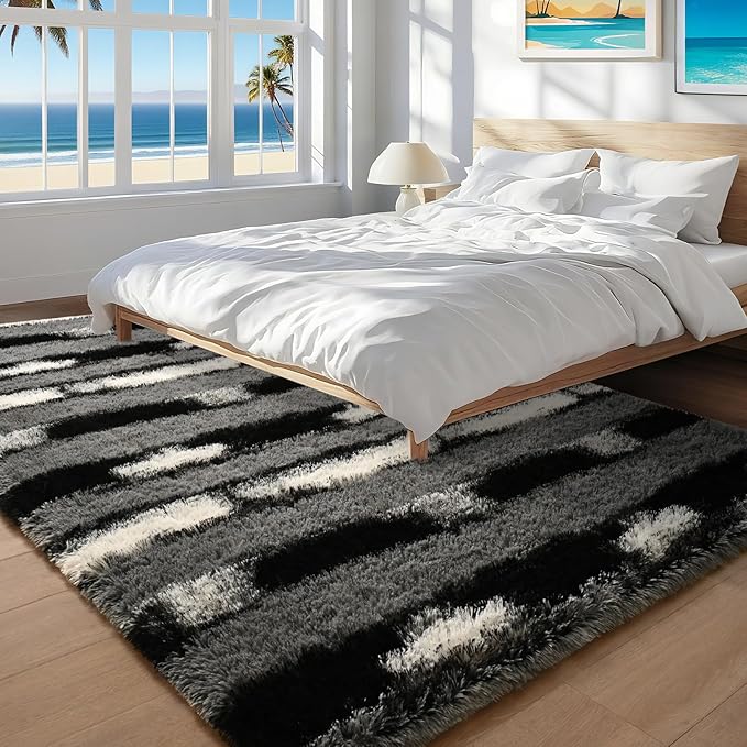 8x10 Feet Area Rugs for Living Room Bedroom,Gray and White Machine Washable Soft Fluffy Shaggy Indoor Rug, Floor Carpet for Girls Boys Kids, Dorms, Nursery Rooms, Home Decor Aesthetic