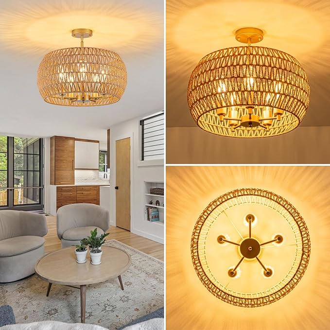 Rattan Ceiling Light Fixture, 5-Light Boho Semi Flush Mount Ceiling Light, 20" Wicker Light Fixture with Handmade Woven Cage Lampshade, Rattan Chandelier for Bedroom Hallway Nursery Kitchen Farmhouse