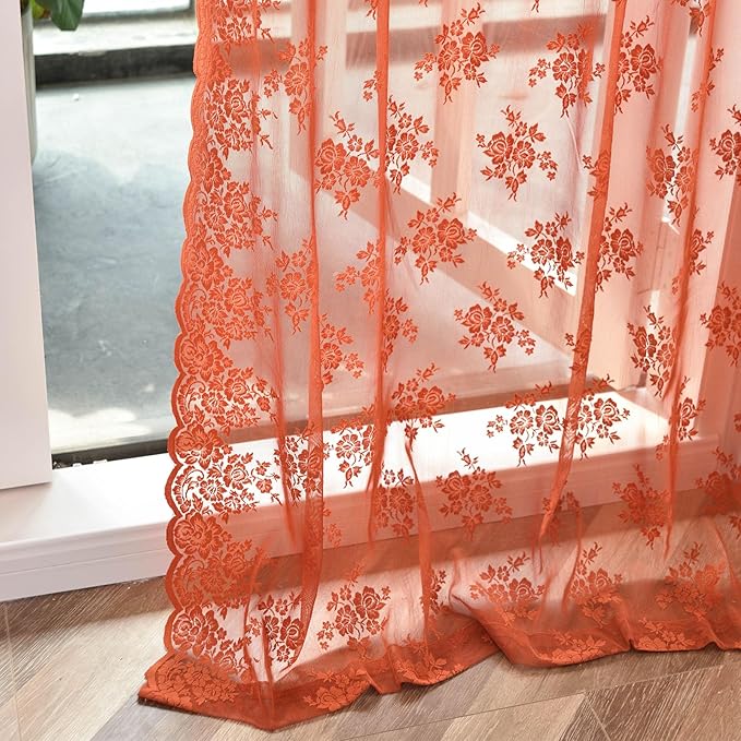 Kotile Burnt Orange Sheer Curtains 102 Inches Long for Living Room, 2 Panels Rusitc Floral Rust Fall Curtains for Bedroom, Rod Pocket Privacy Light Filtering Autumn Sheer Lace Curtains, 52 x 102 Inch