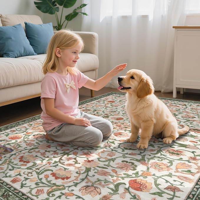 Anidaroel Washable Area Rugs 5x7, Floral Rug for Living Room Boho Area Rug, Non Slip Soft Large Bedroom Rug, Low Pile Stain Resistant Dining Room Rugs Indoor Floor Carpet for Dorm, Beige