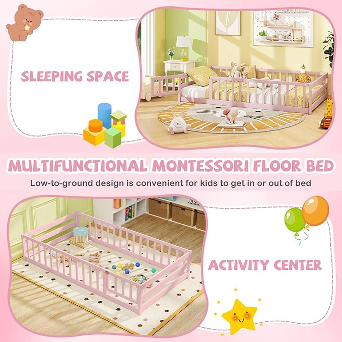 Giantex Twin Floor Bed with Door & Fence, Kids Wood Montessori Beds with Safety Guardrails, Floor Bed Twin for Kids, Boys, Girls, No Box Spring Needed, Pink