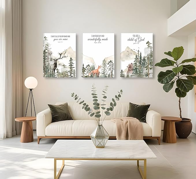 3pcs Framed Forest Animals Bible Verse Wall Art Misty Forest Deer Bear Fox Paintings Canvas Prints Poster Inspirational Quotes Pictures Wall Decor for Home Bedroom Nursery Baby Room Playroom Decor