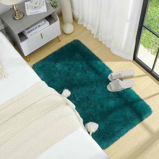 BENRON Fluffy Runner Rugs 2x4, Soft Long Runners for Bedroom Hallyway Entryway Kitchen, Washable Fuzzy Throw Rug for Kids Girls Room Decor Photo Prop, Teal Green