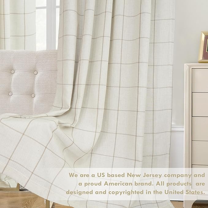 DriftAway 2 Panels 100% Blackout Windowpane Plaid Linen Curtains Double Layer Drapes for Bedroom 108 Inches Long Farmhouse Thermal Insulated 3.25 Inch Rod Pocket Back Tab for Living Room Taupe