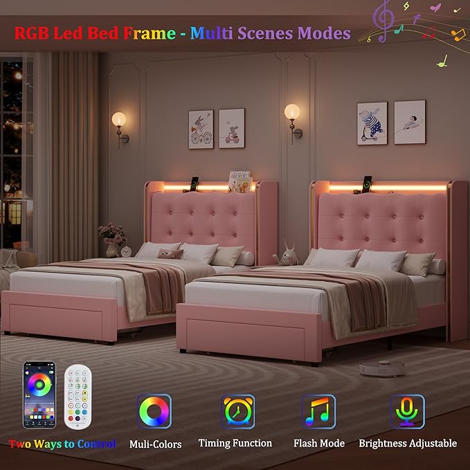 HITHOS Upholstered Twin Led Bed Frame with Charging Station and Storage Drawer, Velvet Princess Platform Bed Frames with Crystal-Button Tufted Headboard for Girls | Kids, No Box Spring Need, Pink