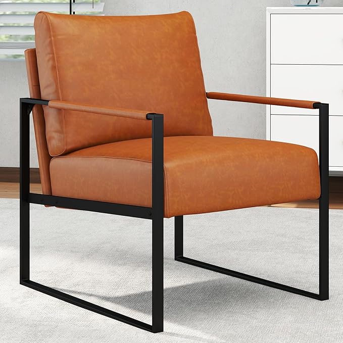 CANMOV Modern Accent Chair Set of 4, PU Leather Armchair with Metal Frame,Comfy Single Reading Chair with Soft Padded Backrest and Cushion for Living Room, Bedroom,Reading Room,Office,Brown