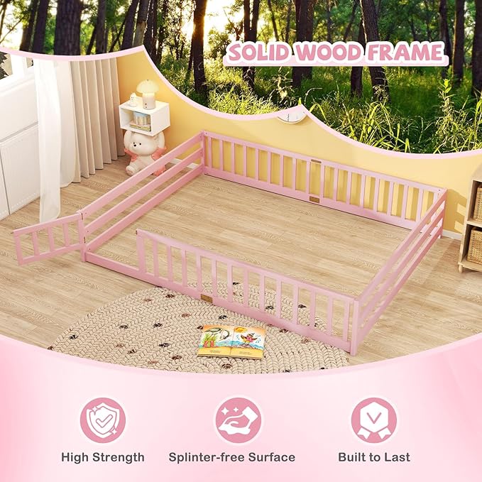 Giantex Queen Floor Bed with Door & Fence, Kids Wood Montessori Beds with Safety Guardrails, Floor Bed Twin for Kids, Boys, Girls, No Box Spring Needed, Pink