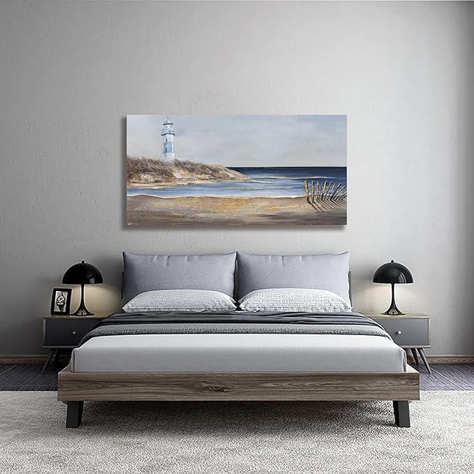 Yuaxker Ocean Wall Art Blue and Gold Modern Wall Decor Ocean Beach and Beacon Landscape Canvas Painting Artwork for Living Room Bedroom Bathroom Office 24x48 inch