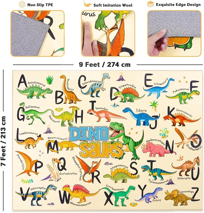Kids Rugs for Playroom, 7x9 Feet Educational Rug for Learn The ABC Alphabet, Soft Machine Washable Non-Slip Cute Dinosaur Carpet for Classroom Toddler Nursery Kids Room Decor Mat, Beige