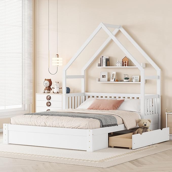 Merax Wood Queen Size House Platform Bed with Guardrail and 2 Drawers, Wooden Bedframe for Boys Girls Adult, No Spring Box Needed, White