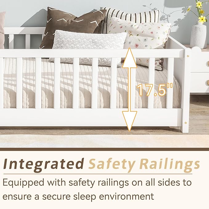 Twin Toddler Floor Bed with High Rails, Wooden Montessori Bed Frame with Built-in Book Rack, Twin Size Bed Frame for Kids, Boys and Girls, White