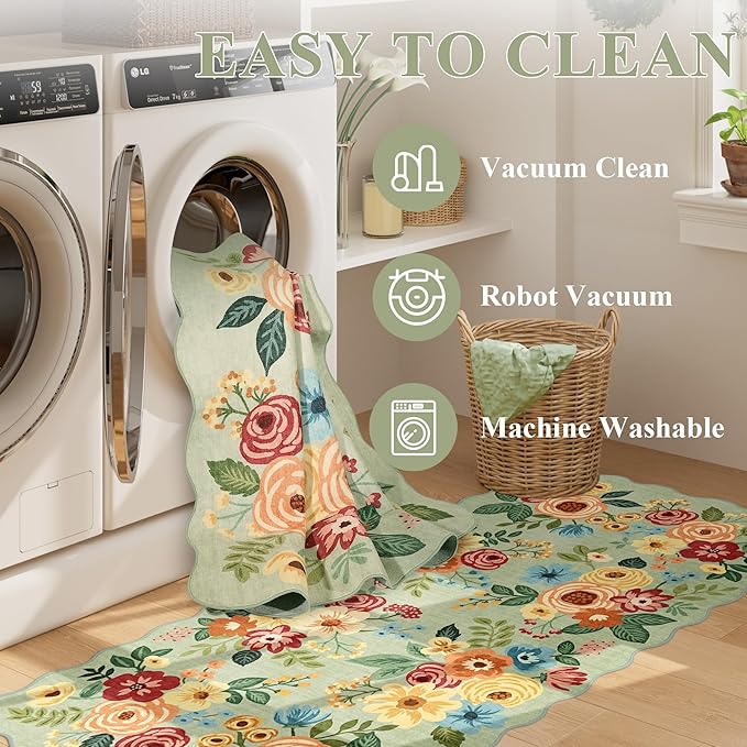 DUKINO 2x6 Runner Rug for Hallway, Washable Kitchen Rug with Non Slip Backing & Non-Shediing, Soft Low Pile Floral Design Runner for Bedroom, Kithchen, Living Room, Laundry, Bathroom, Green