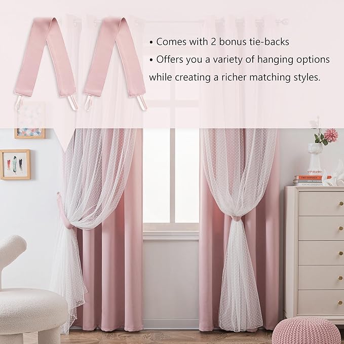 MYSKY HOME Pink Curtains for Girls Bedroom & Nursery Kids Blackout Cute 90 Inch Curtains Double Layer with Polka Dots Sheer, Grommet Tops, 52" Wide, 2 Panels