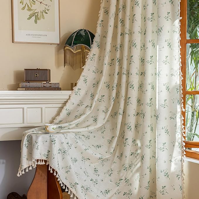 OYX Sage Green Spring Floral Curtains 96 Inch Length 2panels for Living Room, French Country Vintage Light Filtering Patterned Aesthetic Drapes for Bedroom, Rod Pocket Decor Window Treatment Curtains
