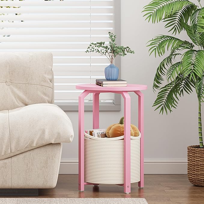 TUTOTAK Small Side Table, Oval End Table, Night Stand, Bedside Table, Set of 2, Sofa Table with Storage Basket, Living Room, Bed Room, Pink TB01BP0932