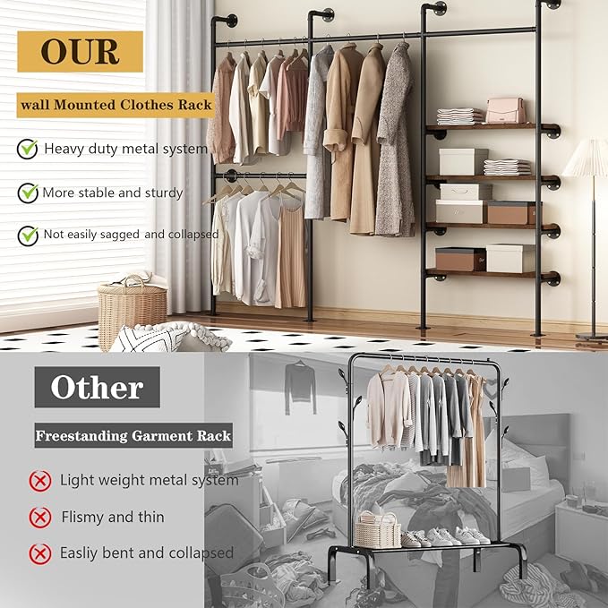 Industrial Pipe Clothing Rack,Wall Mounted Clothies Rack with Shelves, Heavy Duty Closet Organizers Wardrobe Multi-Purpose Storage Clothes Hanging Shelf-94.5''L Black