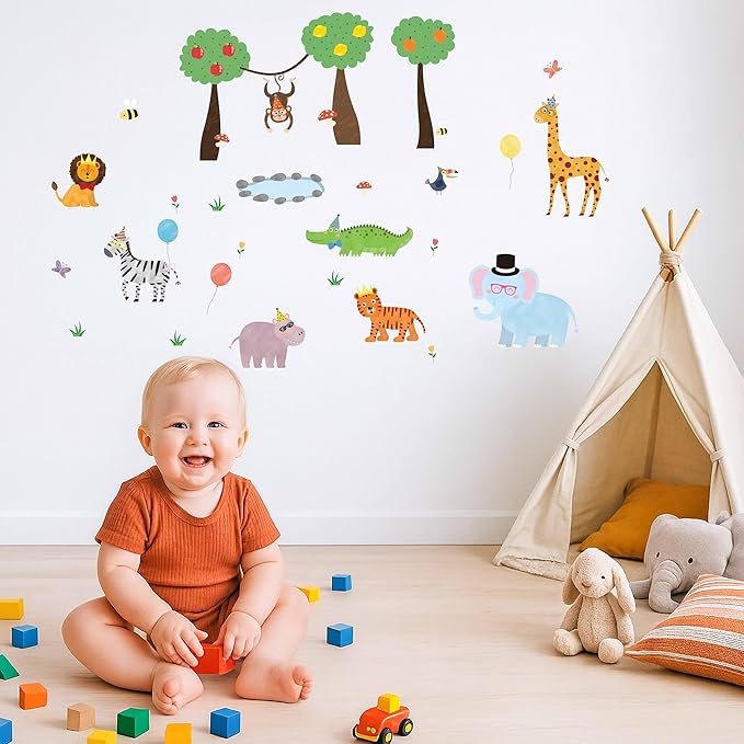 Safari Jungle Animal Wall Decals, 56-Piece Vinyl Stickers with Giraffe, Lion, Elephant, Tiger, Monkey, Trees & Accessories – Waterproof, Removable, Reusable for Living Room, Bathroom, Party Decor