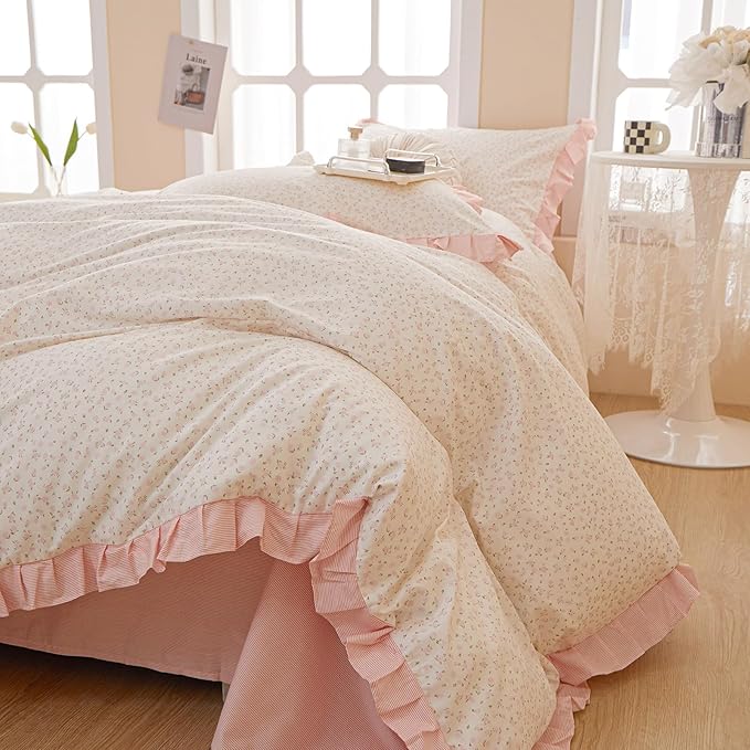 Pink Flower Duvet Cover Twin Chic Floral Print Ruffle Duvet Cover Cotton Lace Comforter Cover Country Style Floral Bedding Set Romantic Ruffle Comforter Cover Flower Bedding Cover with 2 Pillowcases